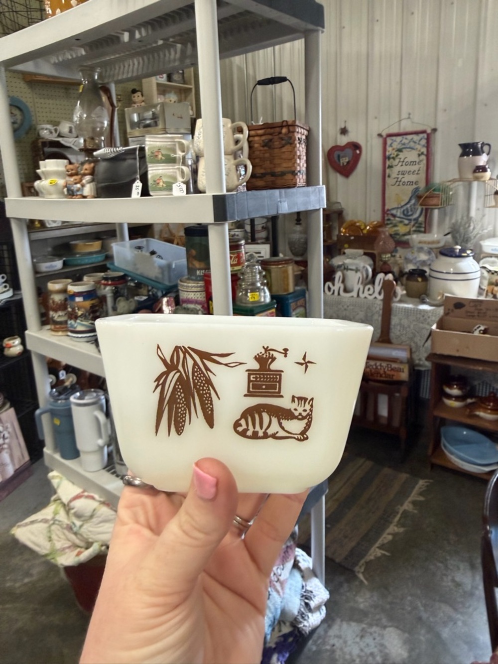 Pyrex White Dish with Brown Cat & Corn Graphic